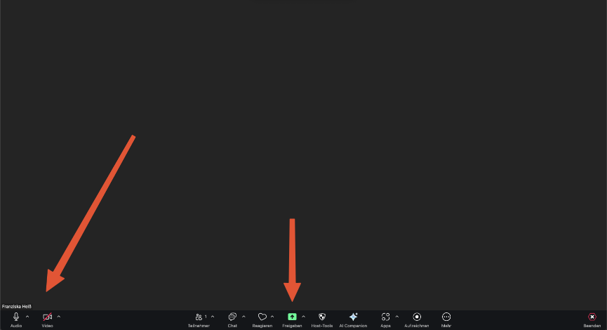 Tipps für Zoom Screenshot eines Zoom-Fensters mit Pfeilen, die auf die Schaltflächen "Kamera", "Mikrofon" und "Bildschirm teilen" zeigen