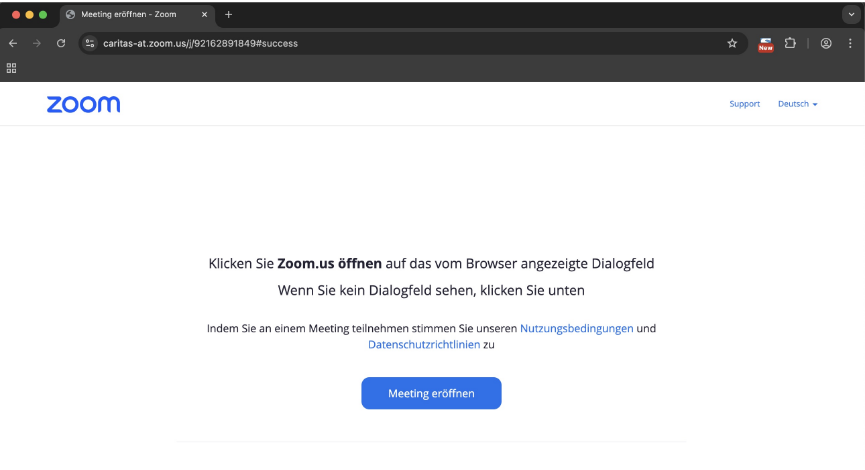 2. Meeting eröffnen Browserfenster, in dem ein Zoom-Meeting eröffnet wird.